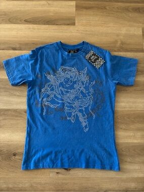 Rebel Vengeance Rhinestone Graphic T-Shirt Blue NWT Y2K Streetwear Grunge